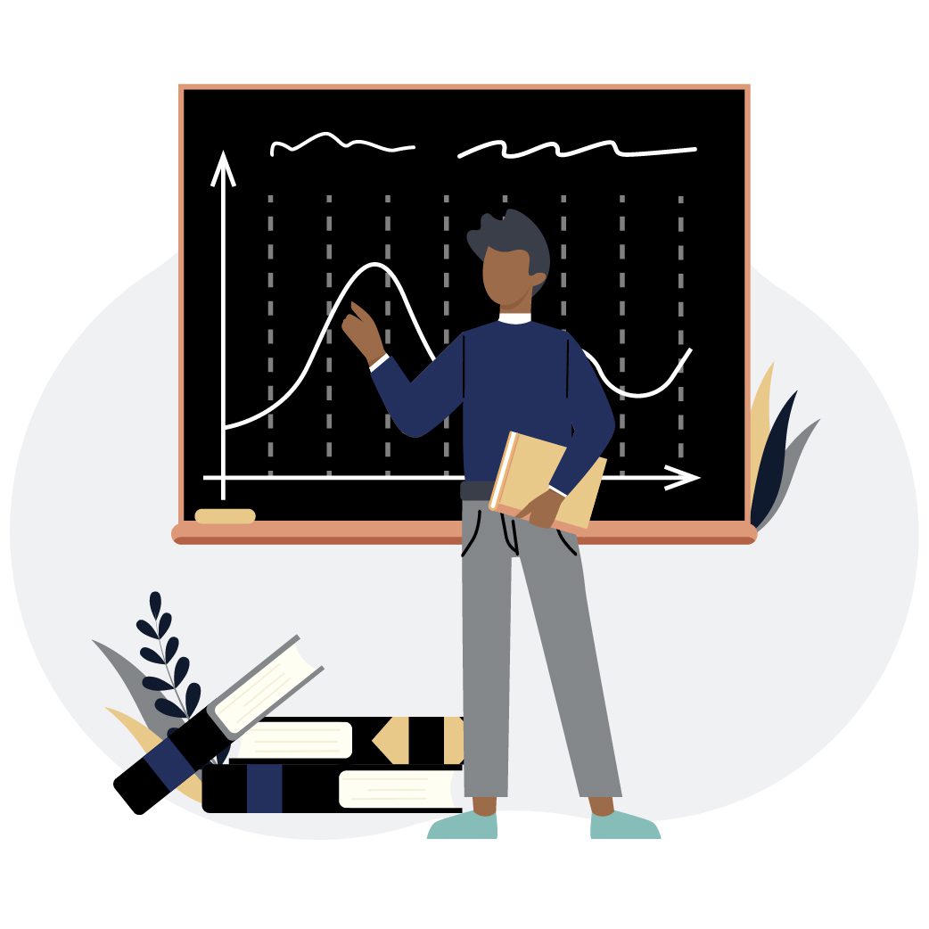 Teacher in front of chalkboard