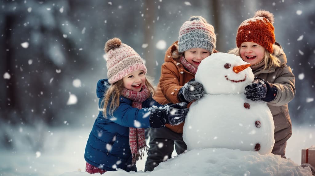 School age children building snowmen as part of December A-Thon fundraiser event