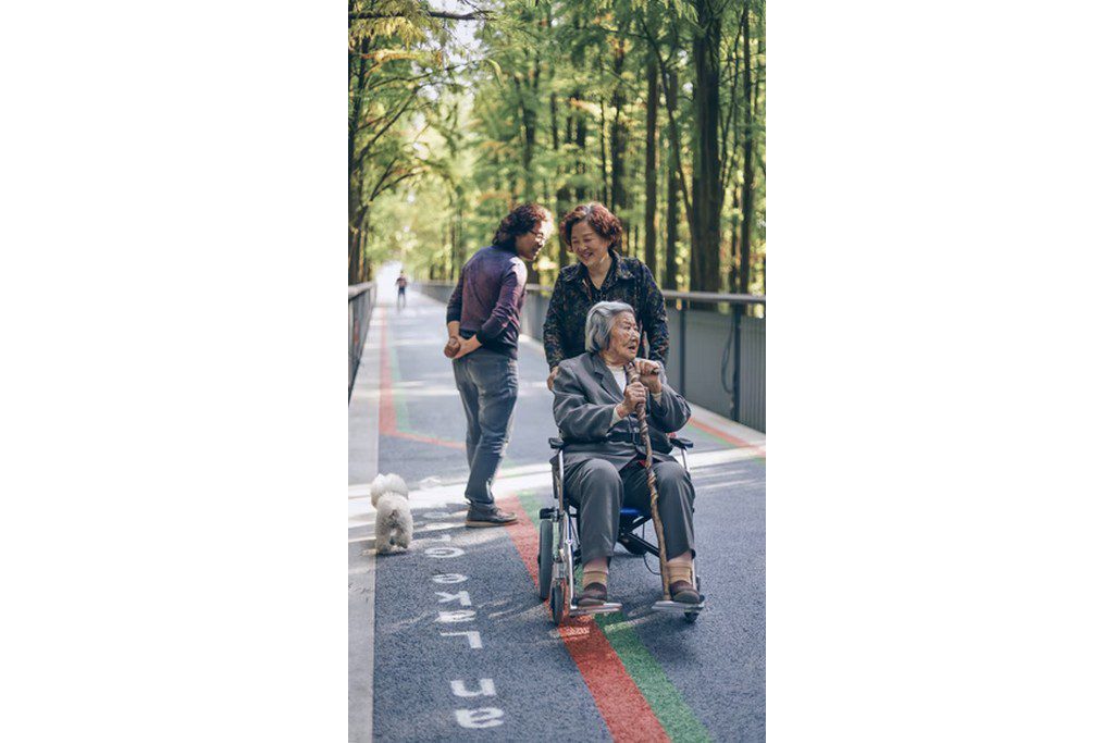Three women in a park, one is sitting in a wheelchair