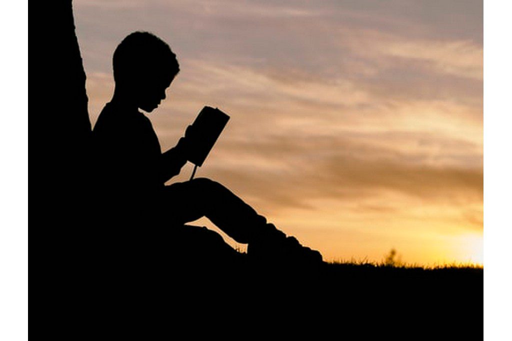 kid reading book in sunset