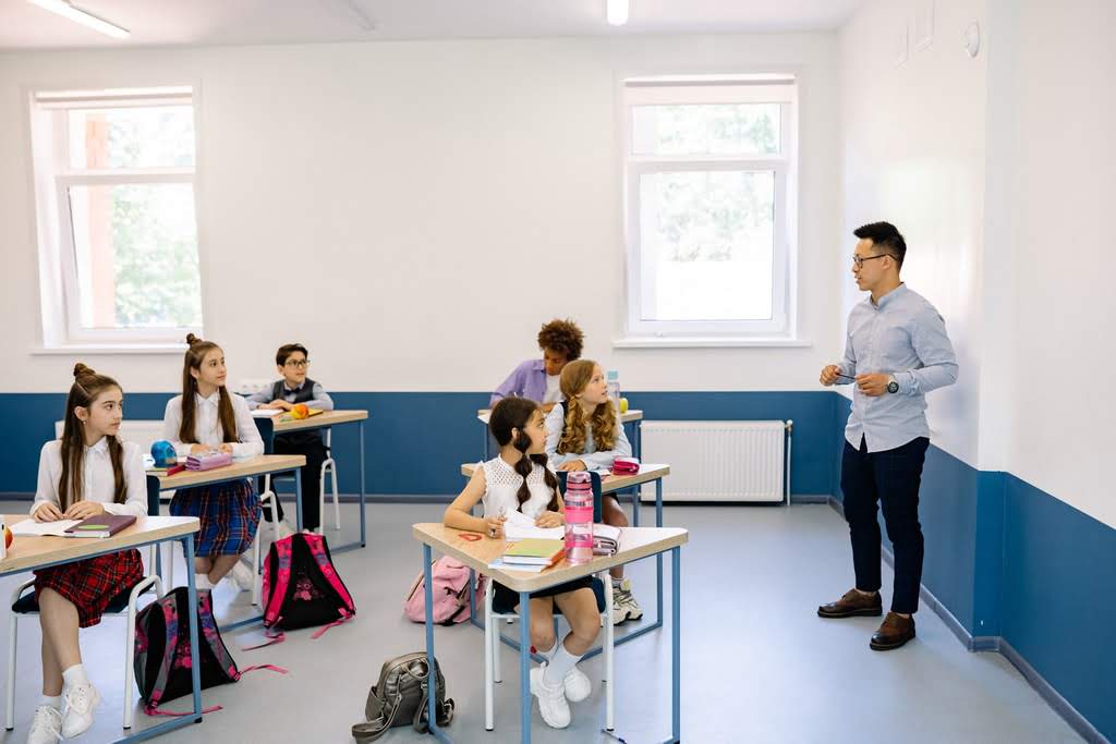 An Asian man talking to a classroom of children teacher teaching class