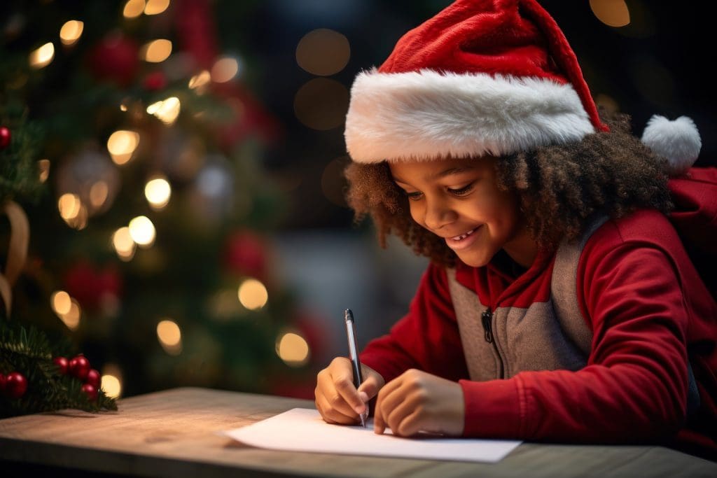 School age child writing letter to Santa for fundraising campaign