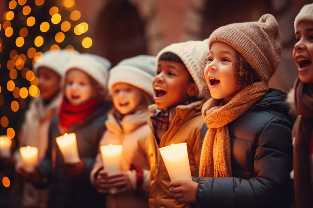 School children singing Christmas carols as part of fundraising event