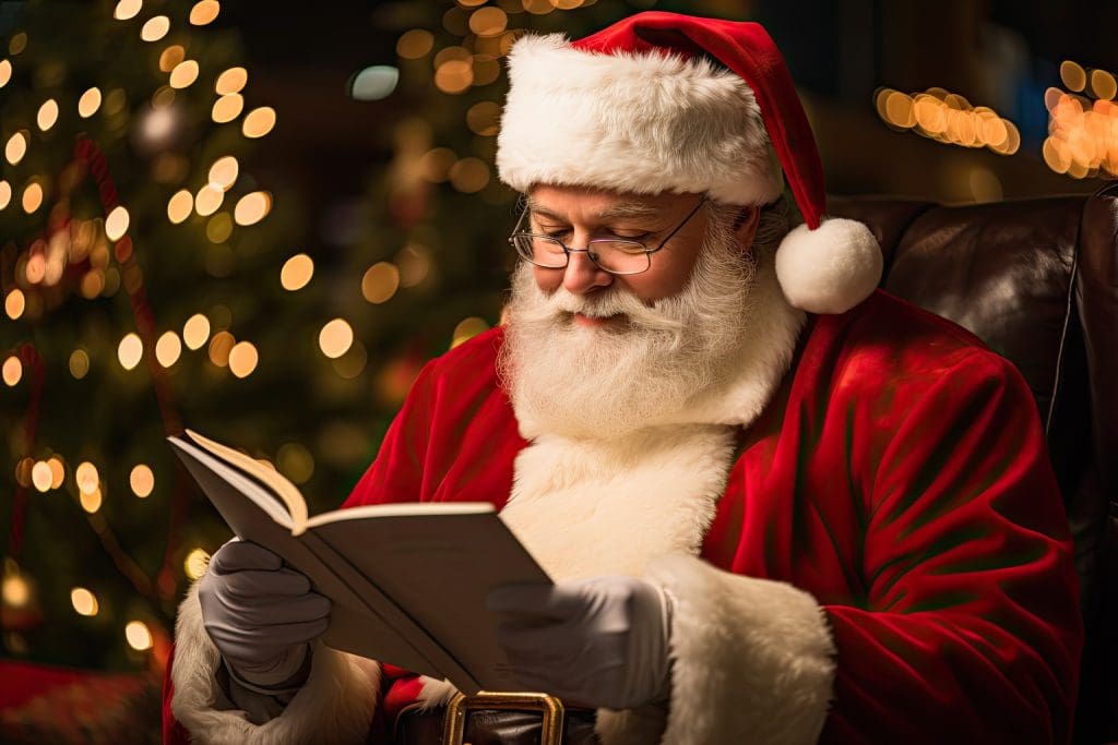 Teacher or parent in Santa suit reading stories to students as part of holiday fundraiser