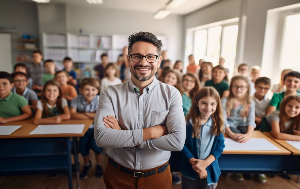 Young Male Teacher Smiling and Taking a Photo with His Class
