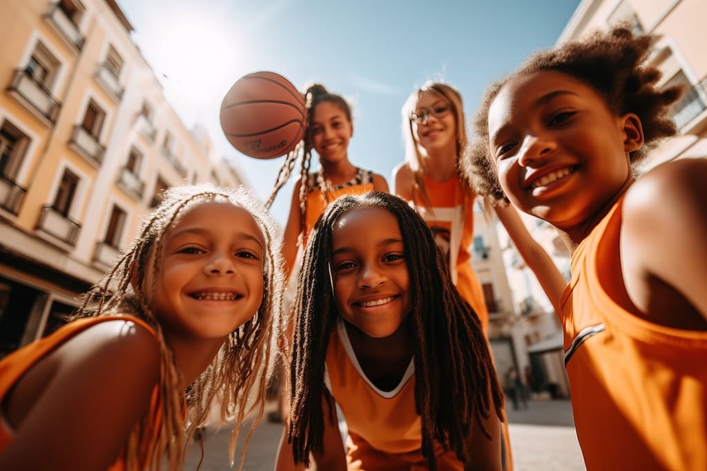 Young Girls Wearing Basketball Jerseys