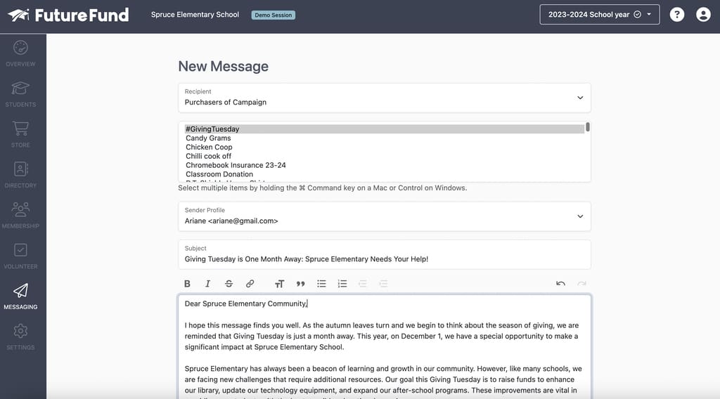 FutureFund's messaging system being used to send Giving Tuesday announcement