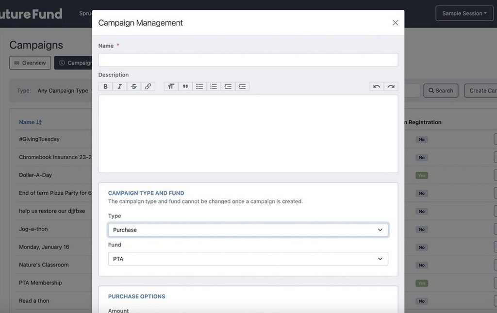 Campaign Management screen in Future Fund