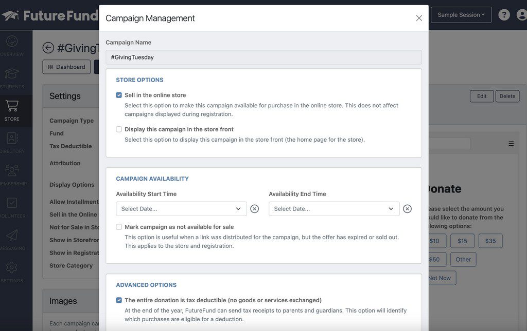 Campaign Management screen in Future Fund platform