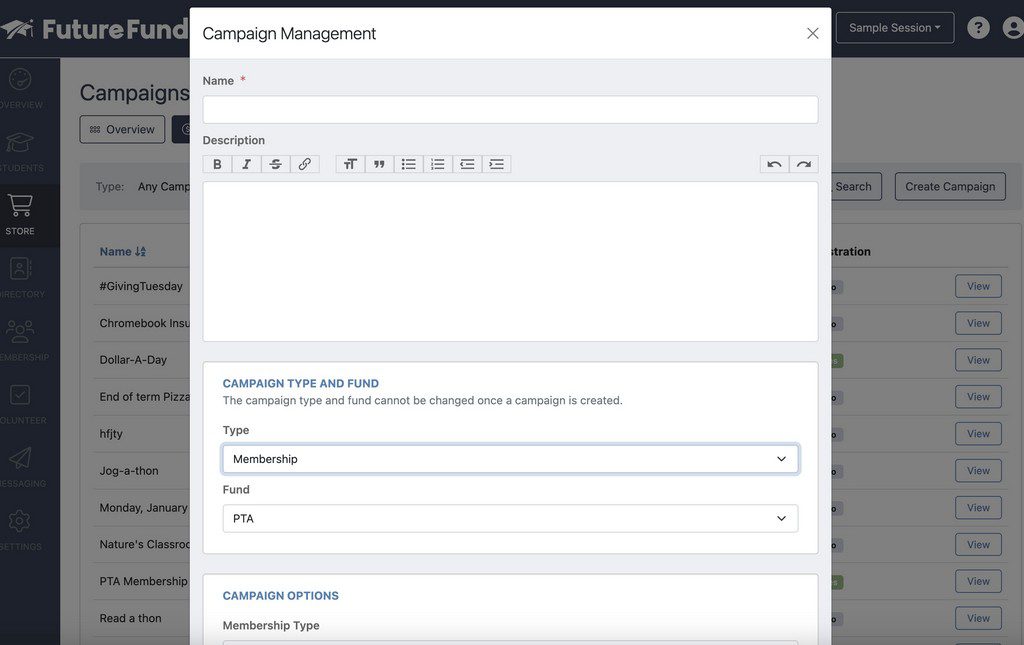 Campaign Management window for Future Fund Membership Campaign