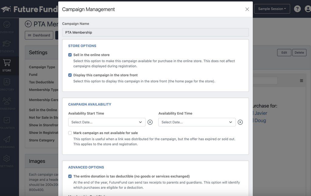 Campaign Management screen for Future Fund Membership Campaign