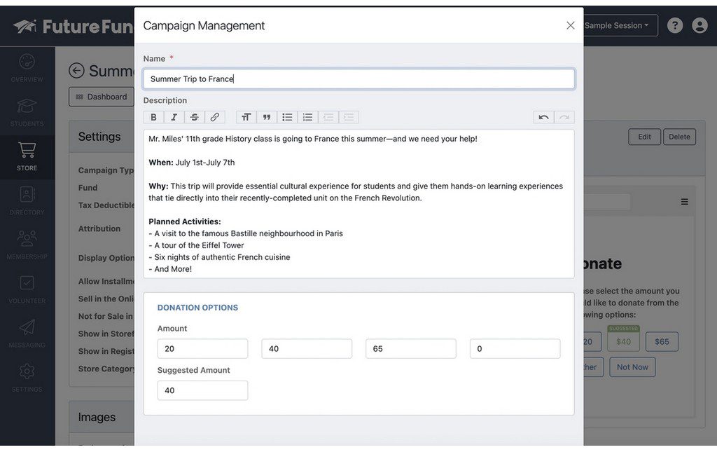 Campaign management screen with sample description for field trip fundraiser