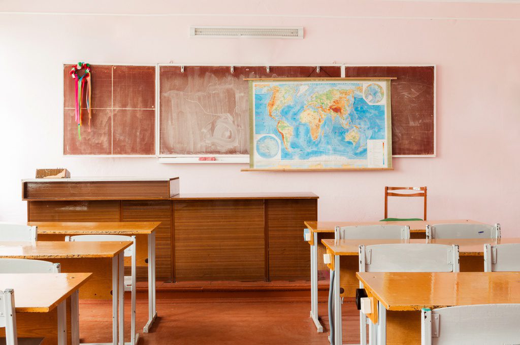 Map displayed at front of classroom