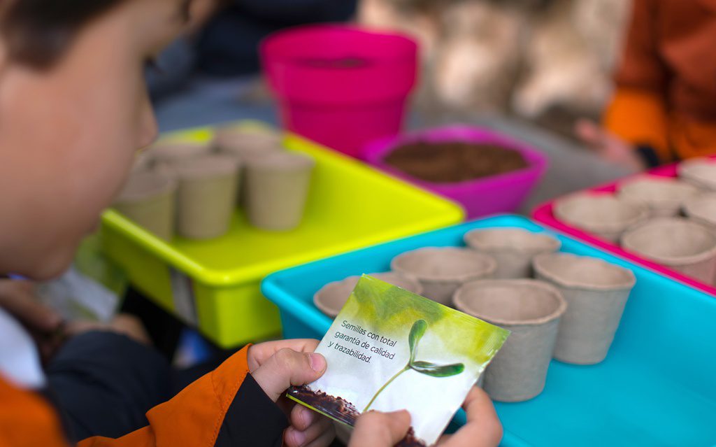 School age child with seed packet in class garden