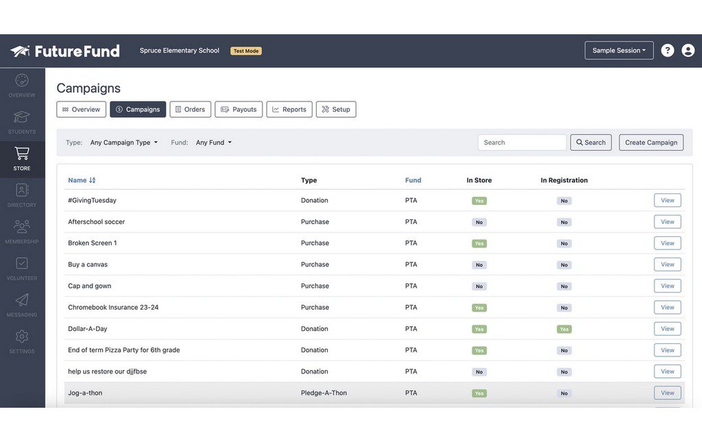Campaigns screen in FutureFund
