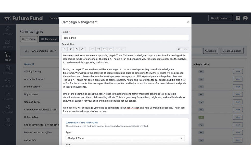 Campaign Management screen in FutureFund