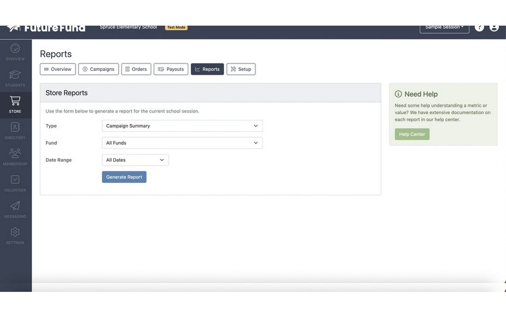 Reports screen in FutureFund
