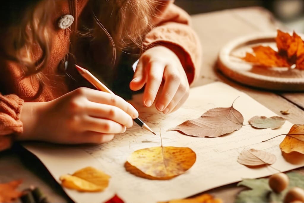 Student making art with leaves for green art sale fundraiser