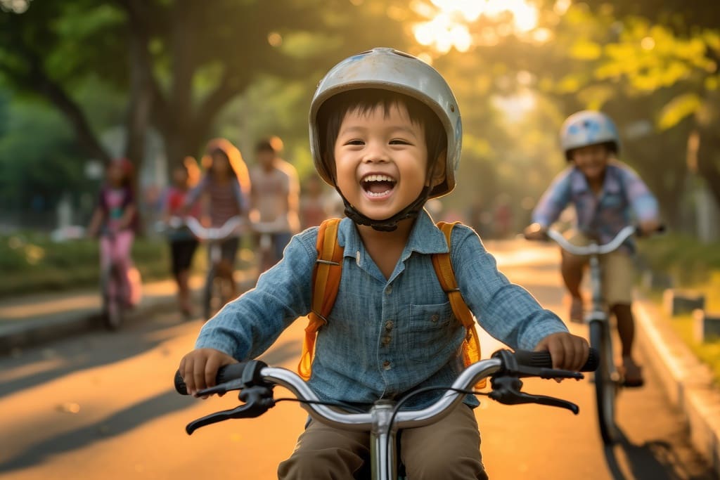 Smiling child riding bicycle for eco-friendly Bike-A-Thon fundraiser event