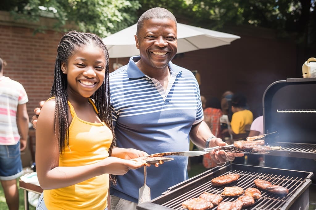 Father and daughter smiling during father's day BBQ purchase campaign as summer fundraiser