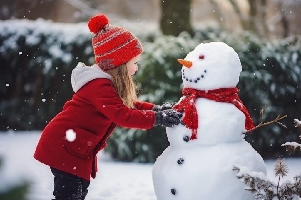 School age child building snowman for Snowman Build-A-Thon fundraiser