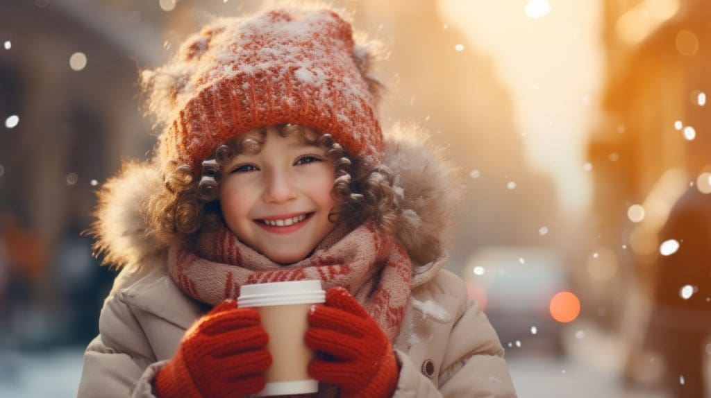 School age child sipping hot chocolate happily from hot chocolate station fundraiser