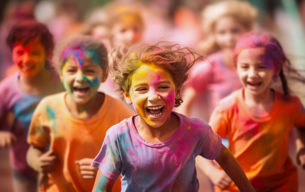 young children smiling and running in a color run