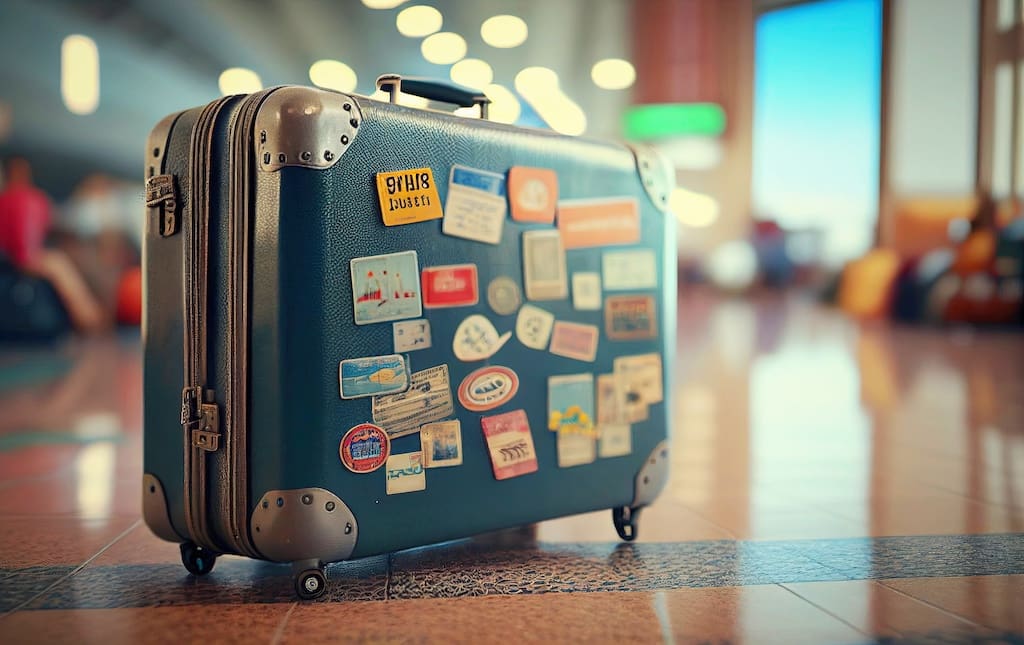 vintage style suitcase covered in stickers