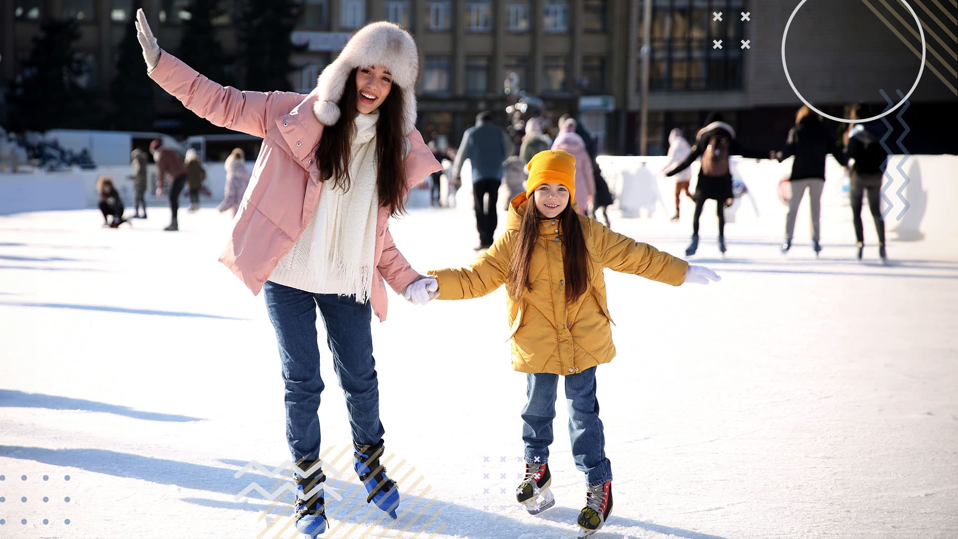 Mom and daughter skating together at school fundraiser event