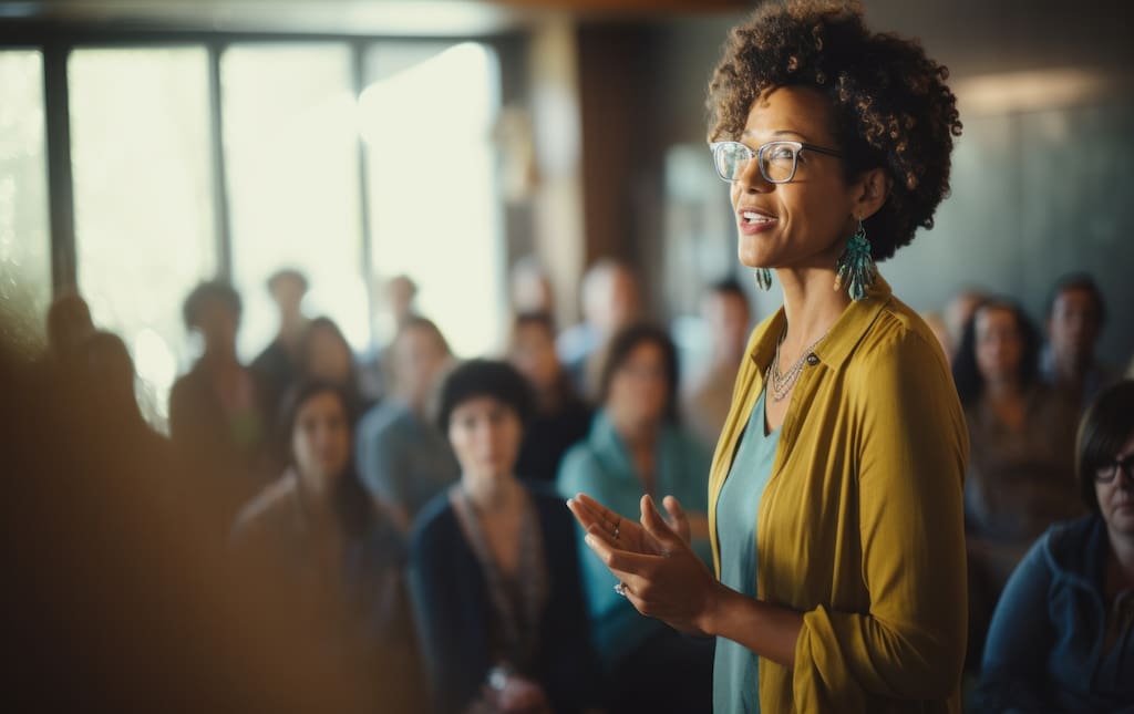 Woman talking to parents at a school