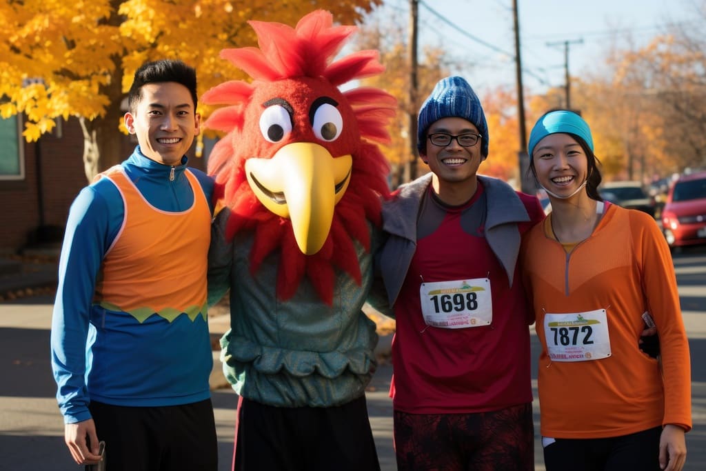 High school students next to turkey mascot for November Thanksgiving school fun run fundraiser