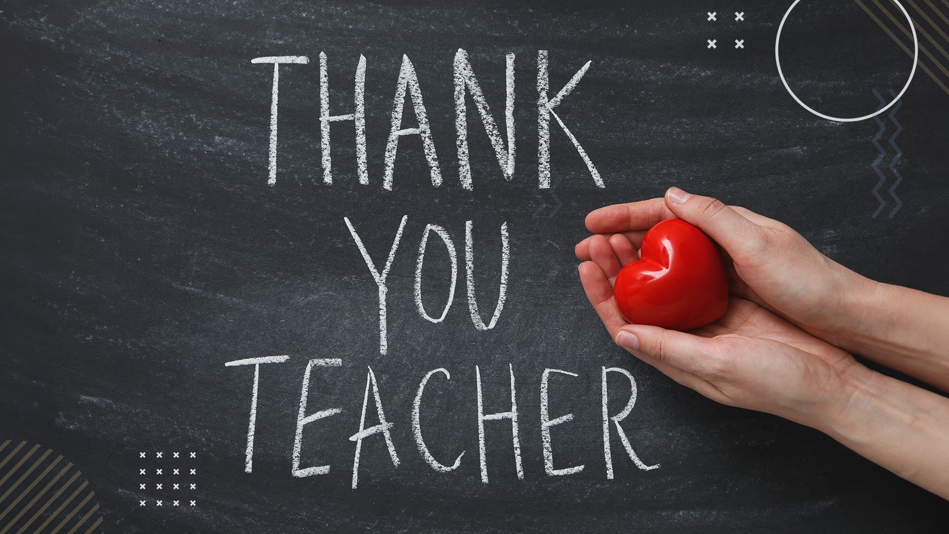 Thank You Teacher written out on black board with person holding an apple