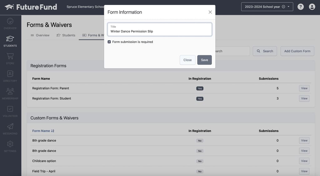 Creating new participation waiver form with FutureFund