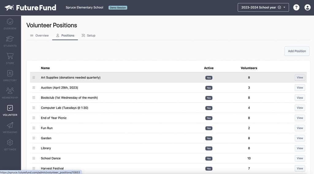 Screenshot of FutureFund Volunteer Positions Screen