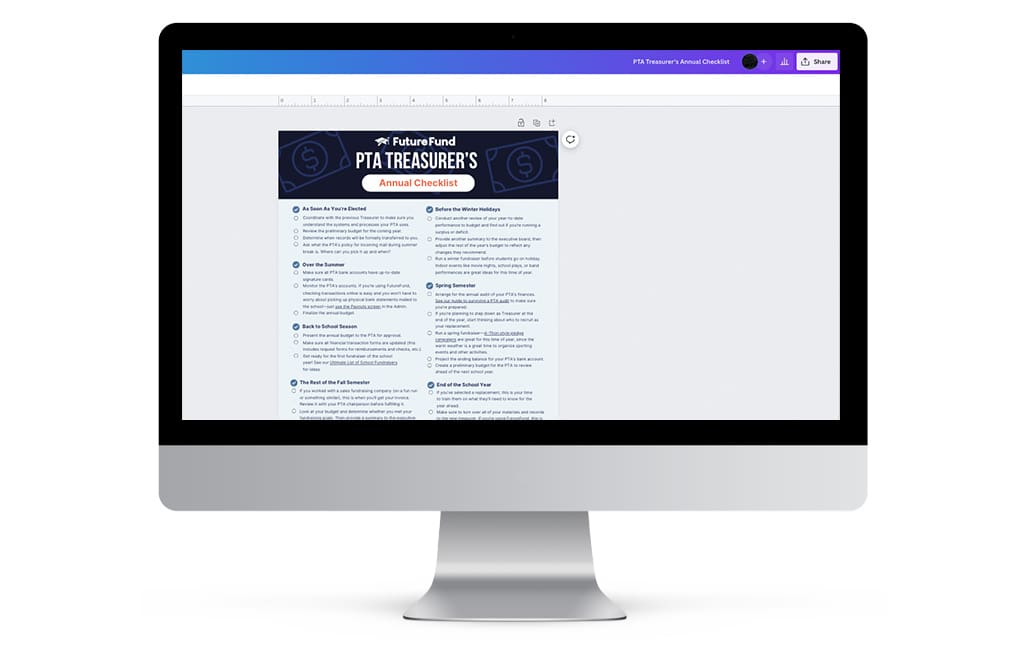 Image of desktop computer with FutureFund PTA Treasure's annual checklist displayed