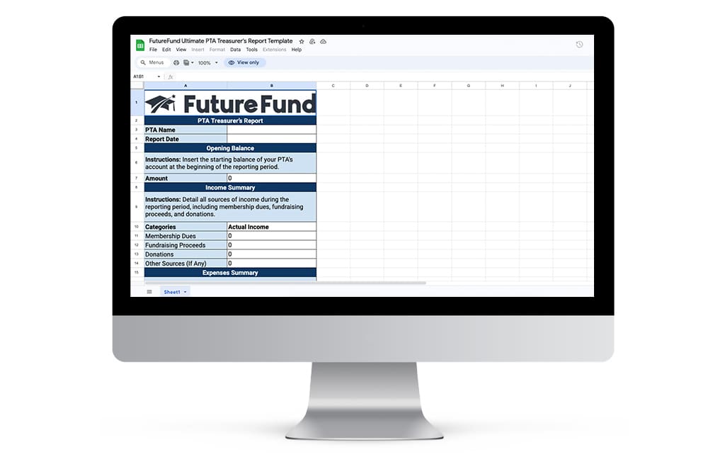 Image of desktop computer with FutureFund PTA Treasure's Report spreadsheet displayed